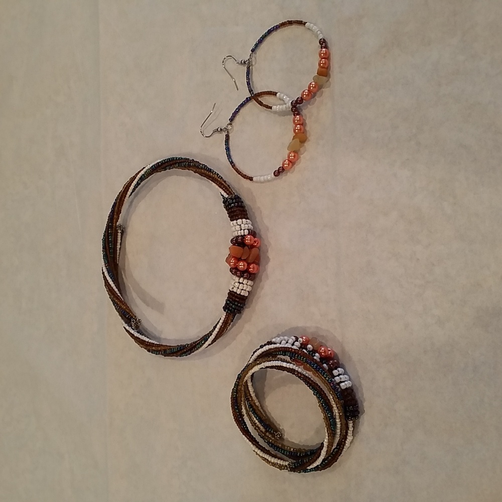 Earthtones Tribal Fusion Neck Choker & Bracelet Set with Seed Beads/Beads/Stones